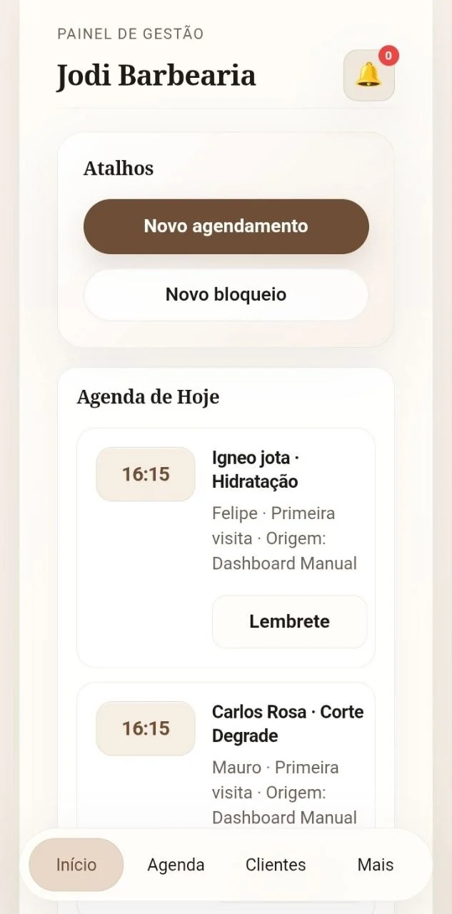 Tela inicial do painel com atalhos e agenda de hoje