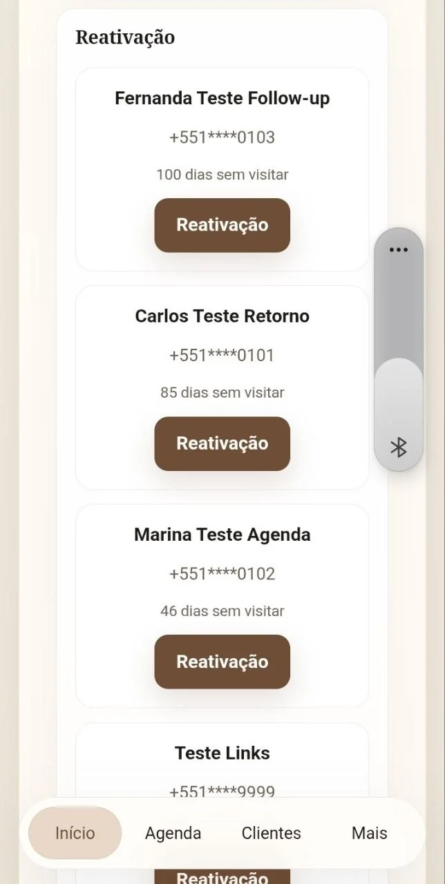 Lista de clientes para reativação com tempo sem visitar